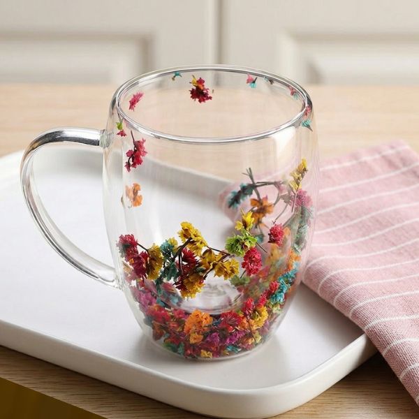Colorful Flowers Double Wall Glass Mug 250ml