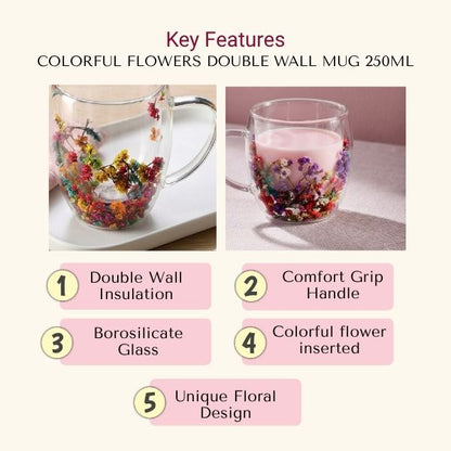 Colorful Flowers Double Wall Glass Mug 250ml