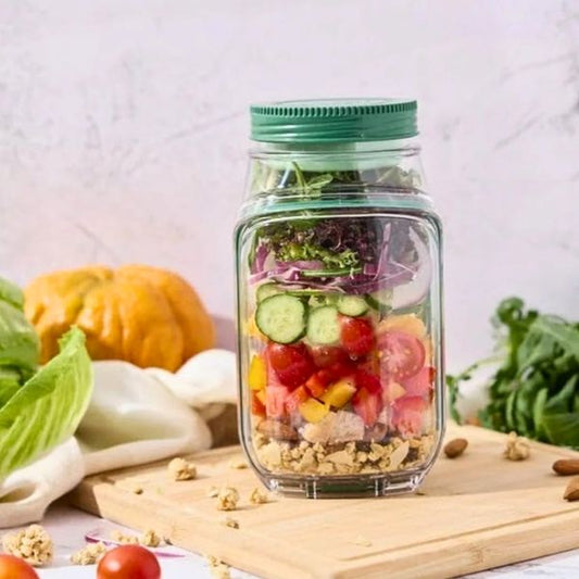 Portable salad jar with dressing container and leakproof lid