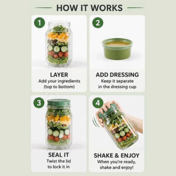 Portable Salad Jar & Bowl Leakproof 2-in-1 Meal Prep Container with Dressing Cup 1200ml