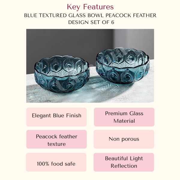 Blue Textured Glass Bowl Peacock Feather Design Set of 6