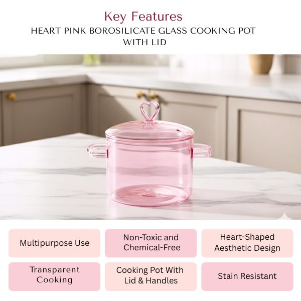Heart Pink Borosilicate Glass Cooking Pot With Lid