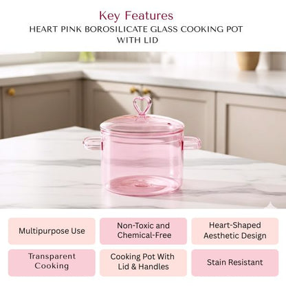 Heart Pink Borosilicate Glass Cooking Pot With Lid