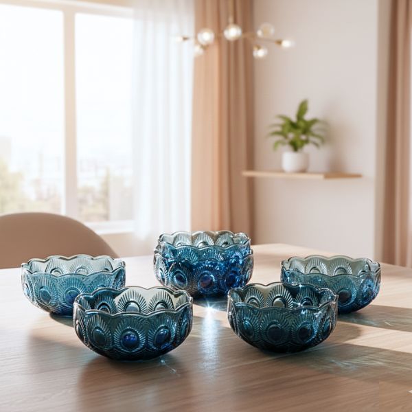 Blue Textured Glass Bowl Peacock Feather Design Set of 6