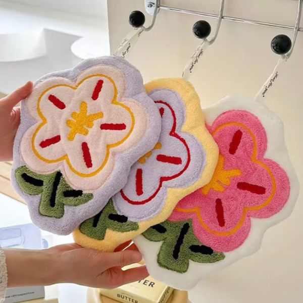 Cute plush flower hand towel with hanging loop for kitchen and bathroom use
