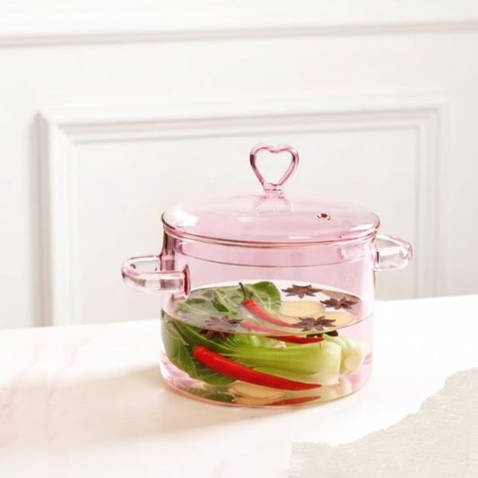 Heart Pink Borosilicate Glass Cooking Pot With Lid