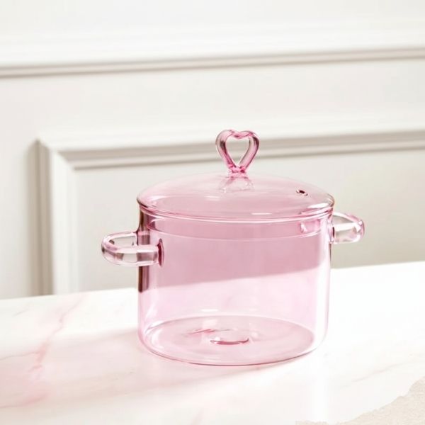 Heart Pink Borosilicate Glass Cooking Pot With Lid