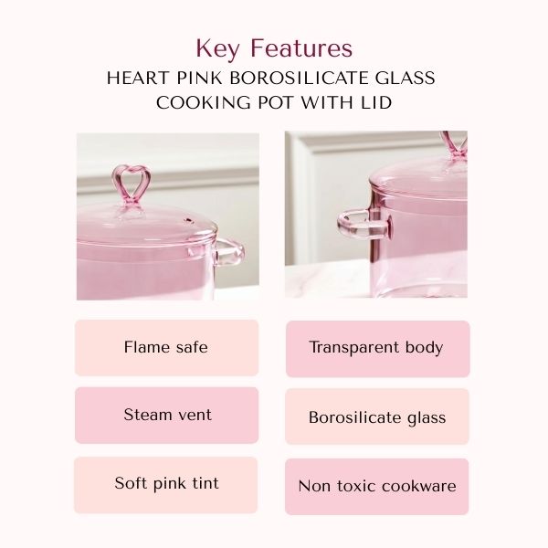 Heart Pink Borosilicate Glass Cooking Pot With Lid