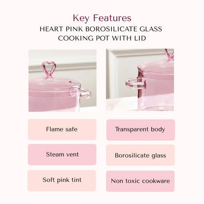 Heart Pink Borosilicate Glass Cooking Pot With Lid