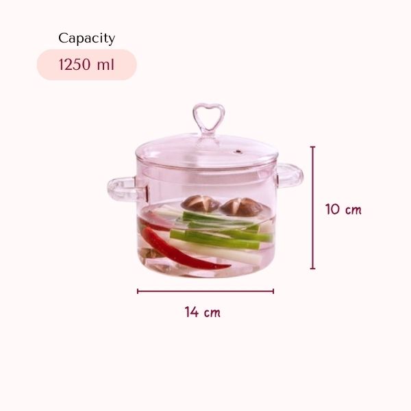Heart Pink Borosilicate Glass Cooking Pot With Lid