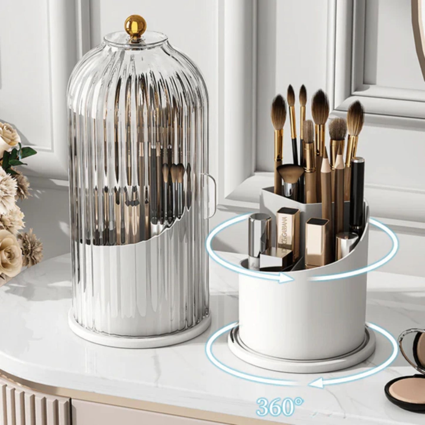 Dustproof 3-Grid Cosmetic Organizer 360° Rotating Makeup Brush Holder with Lid