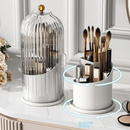 Dustproof 3-Grid Cosmetic Organizer 360° Rotating Makeup Brush Holder with Lid