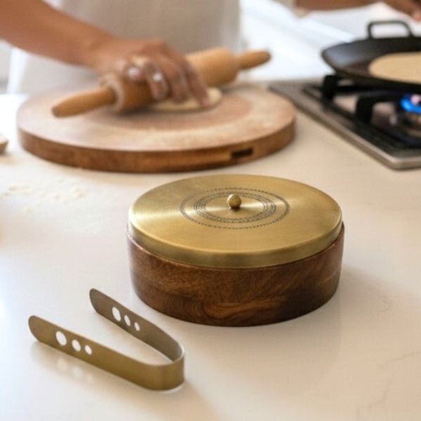 Wooden Roti Box with Tong