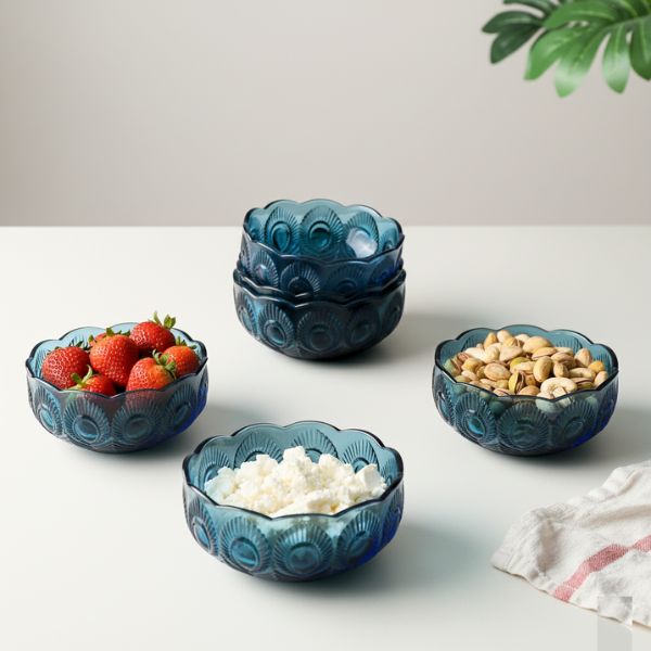 Blue Textured Glass Bowl Peacock Feather Design Set of 6
