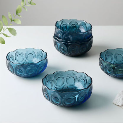 Blue Textured Glass Bowl Peacock Feather Design Set of 6