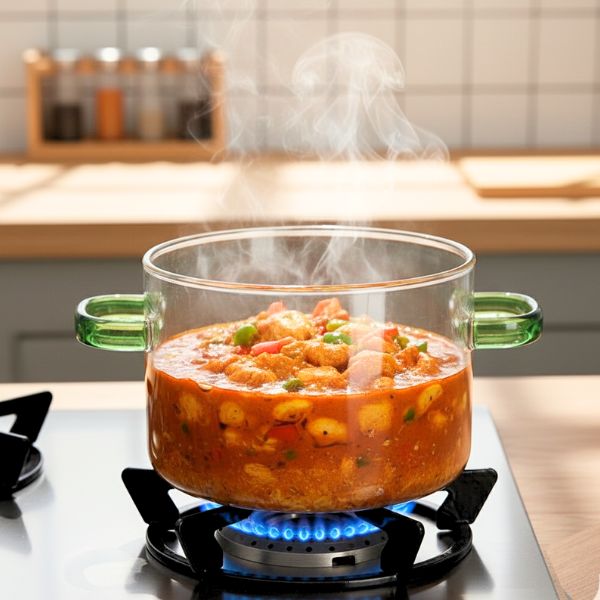 Clear Borosilicate Glass Cooking Pot with Amber Handles