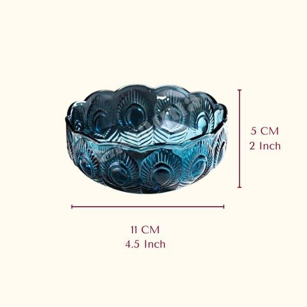 Blue Textured Glass Bowl Peacock Feather Design Set of 6