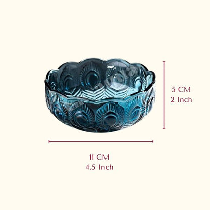 Blue Textured Glass Bowl Peacock Feather Design Set of 6