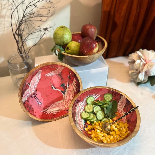 Bird Printed Mango Wood Salad Bowl