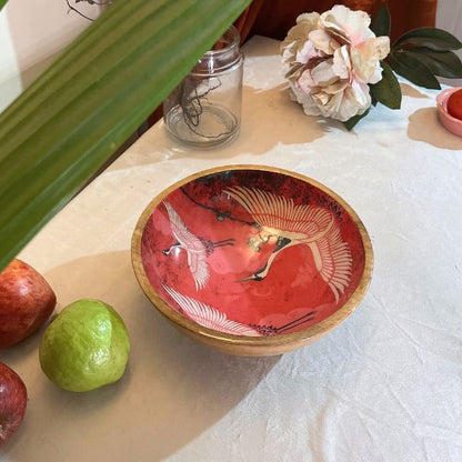 Bird Printed Mango Wood Salad Bowl
