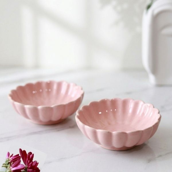 Pink scallop flower ceramic serving bowl with textured finish for desserts, snacks and side dishes