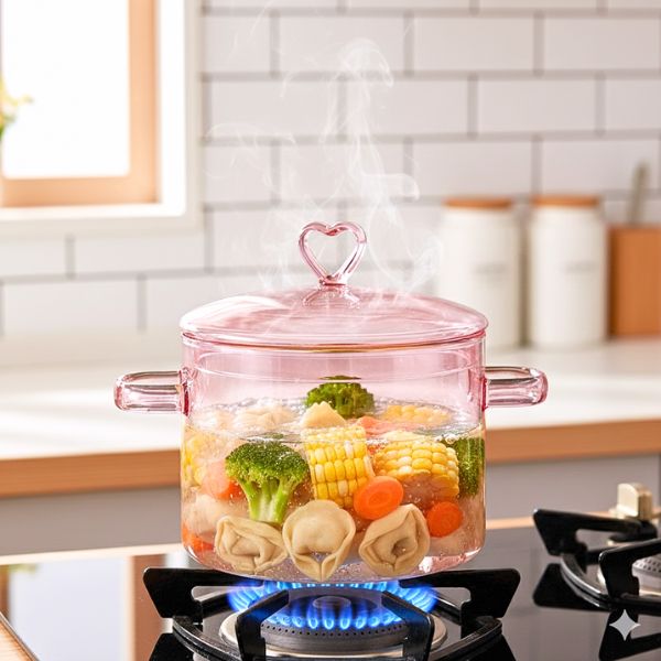 Heart pink borosilicate glass cooking pot with lid by Kastleune Transparent borosilicate glass pot for healthy cooking Caserolle