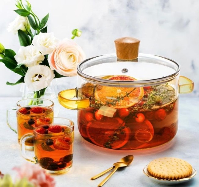 Clear Borosilicate Glass Cooking Pot with Amber Handles