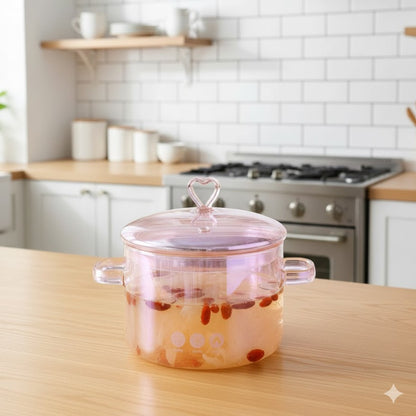Heart Pink Borosilicate Glass Cooking Pot With Lid