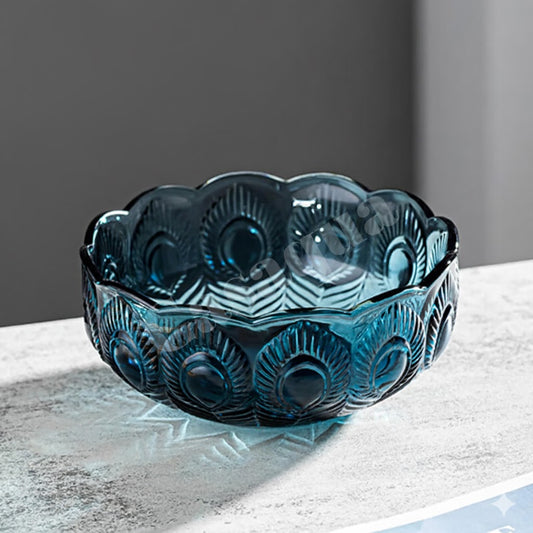Blue Textured Glass Bowl Peacock Feather Design Set of 6