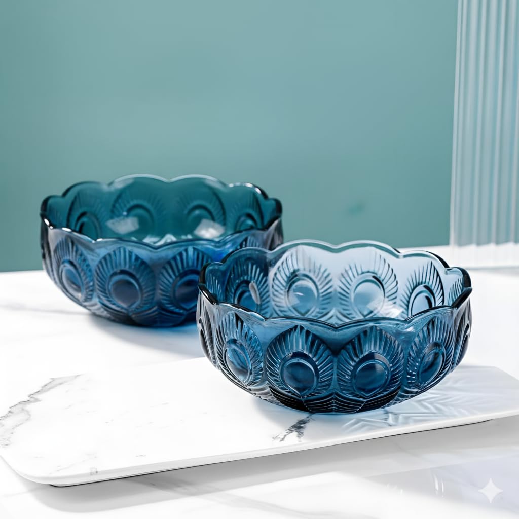 Blue Textured Glass Bowl Peacock Feather Design Set of 6